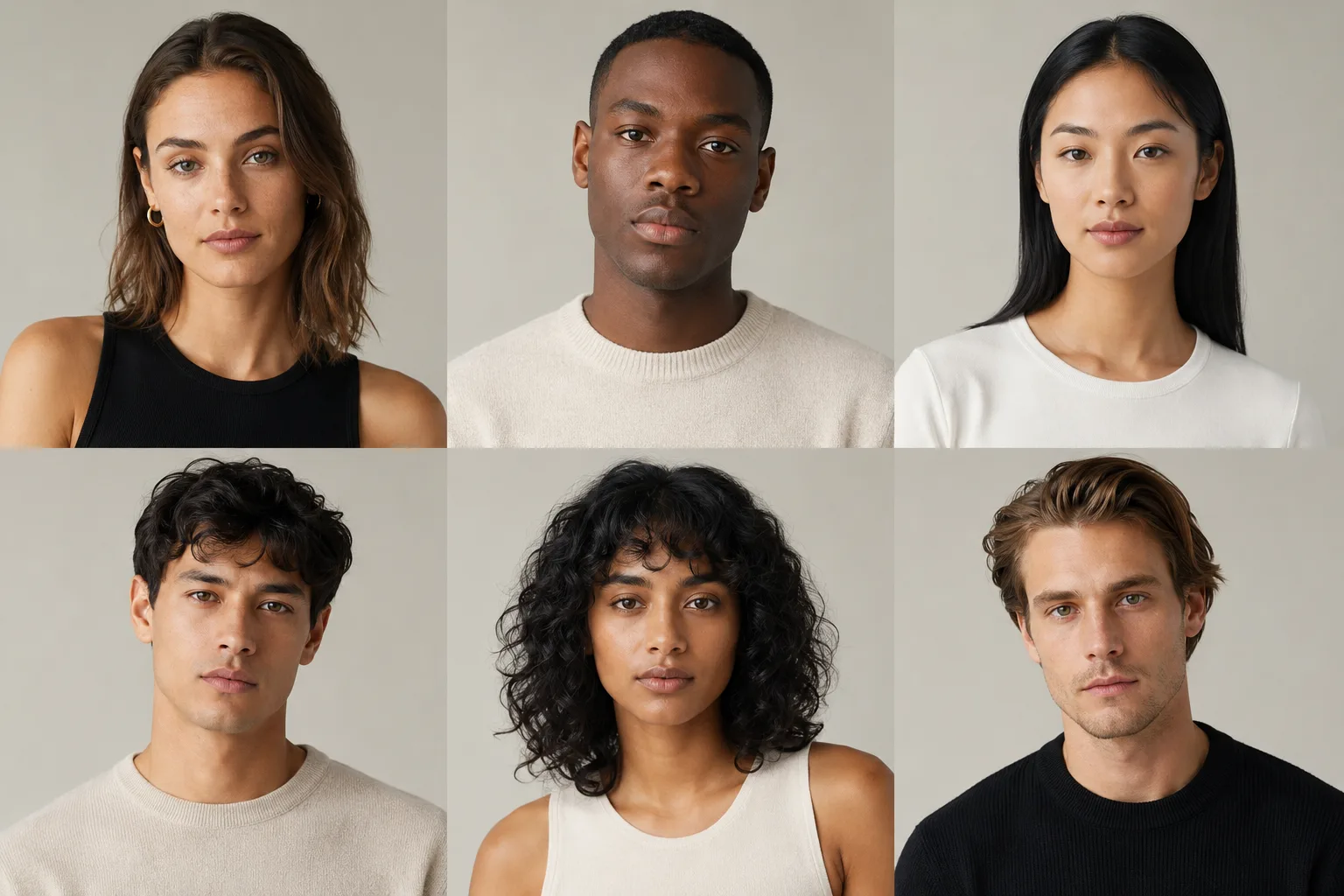 A grid of AI-created fashion models forming a reusable casting board