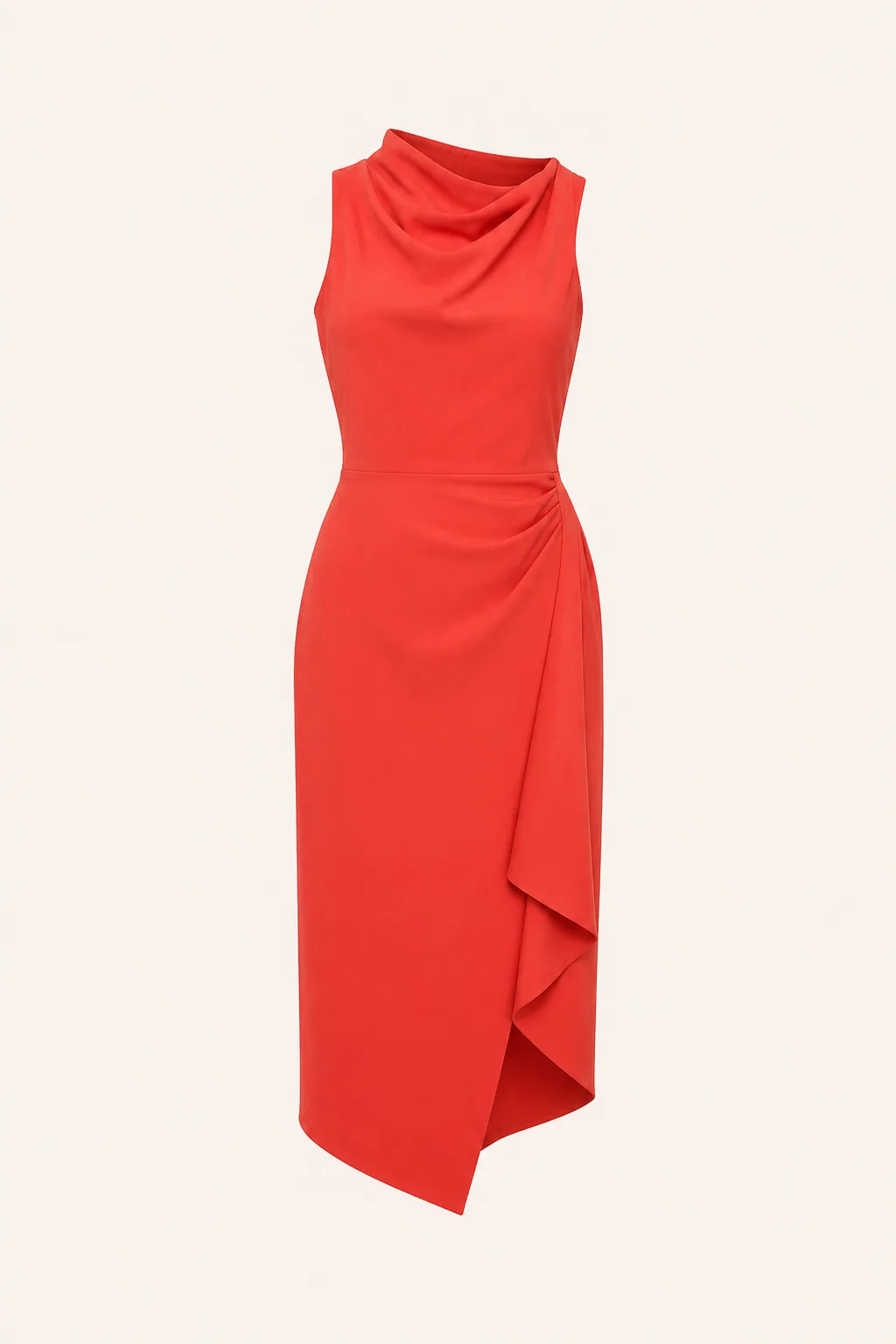 AI product analysis of an asymmetric satin midi dress, identifying shape, material and drape