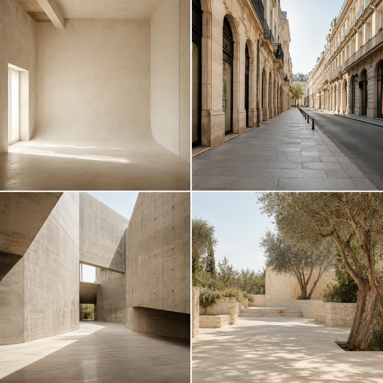 A library of saved AI scenes: studio, street, resort and editorial settings