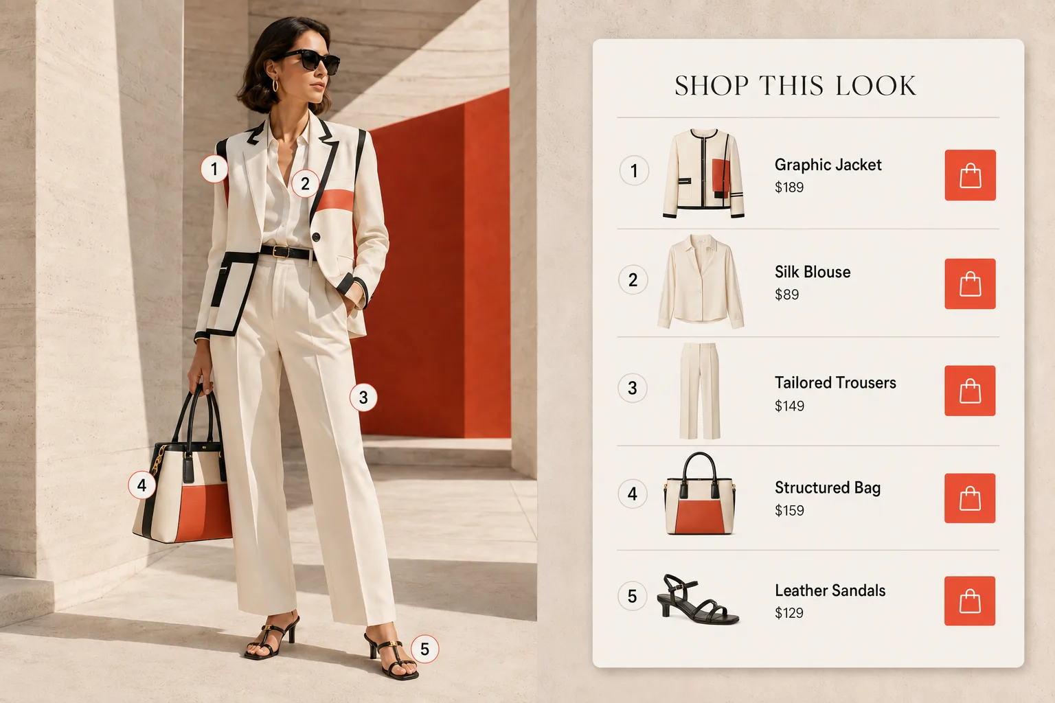 Editorial fashion image acting as a storefront with view product, see similar and add to cart actions