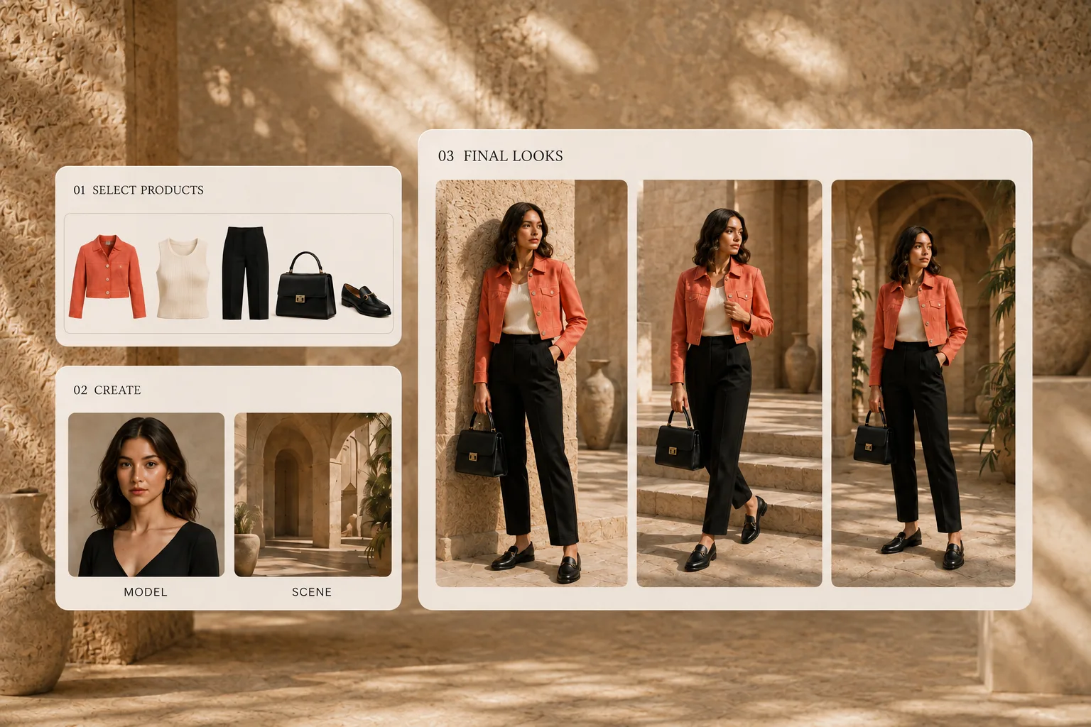 Scrolio Production: Catalogue items combined with selected model and scene for consistent campaign looks