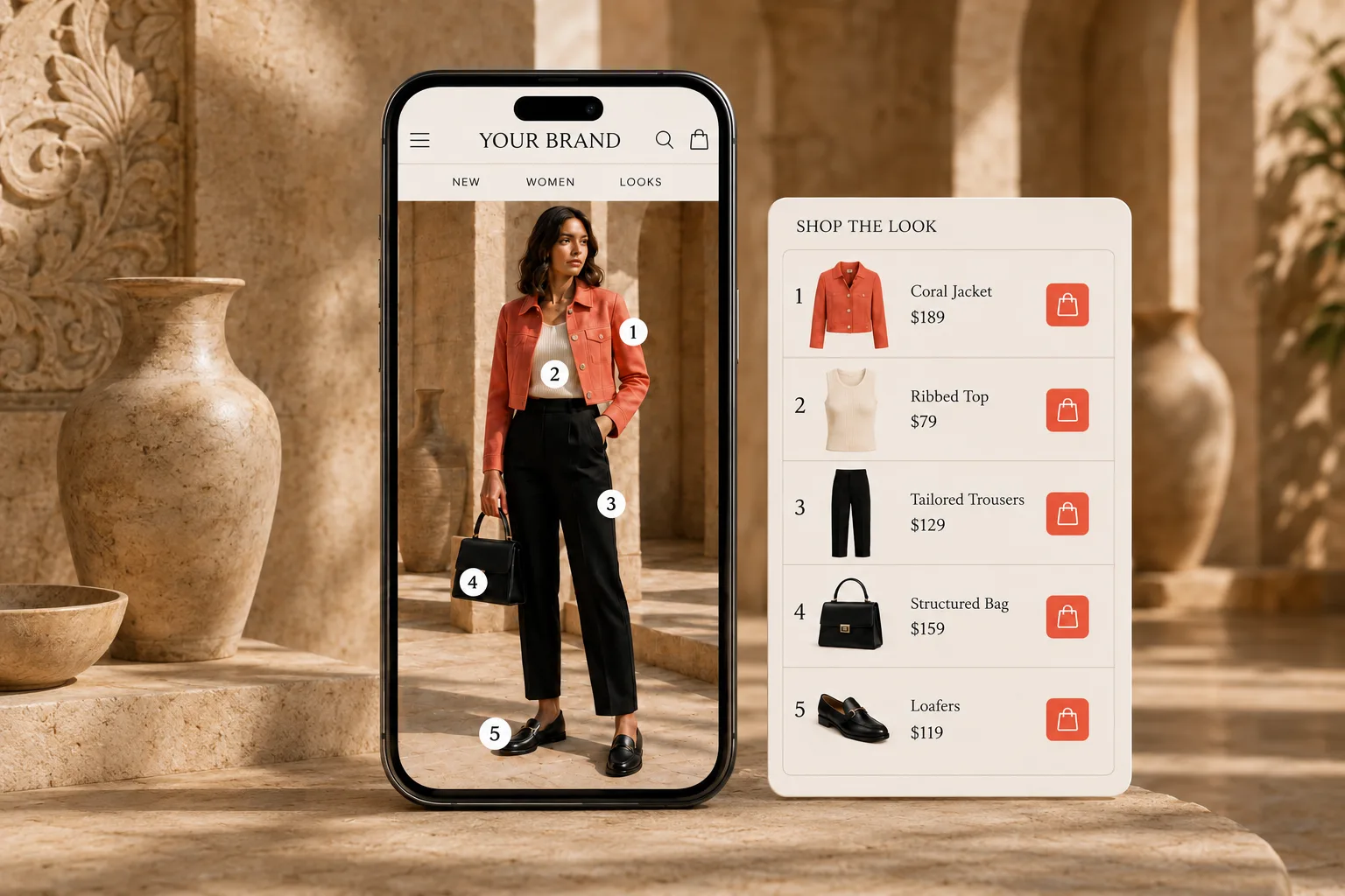 Scrolio Shopping: Numbered mobile fashion look connected to matching products, prices and cart actions